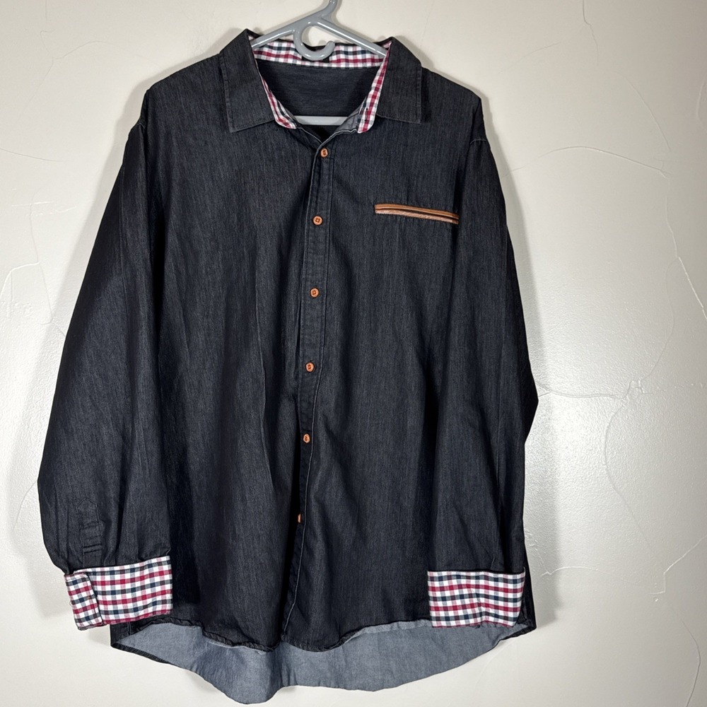 Mens Coofandy Black Denim Button Up Shirt Xxl Flip Cuff Leather Trim Pocket